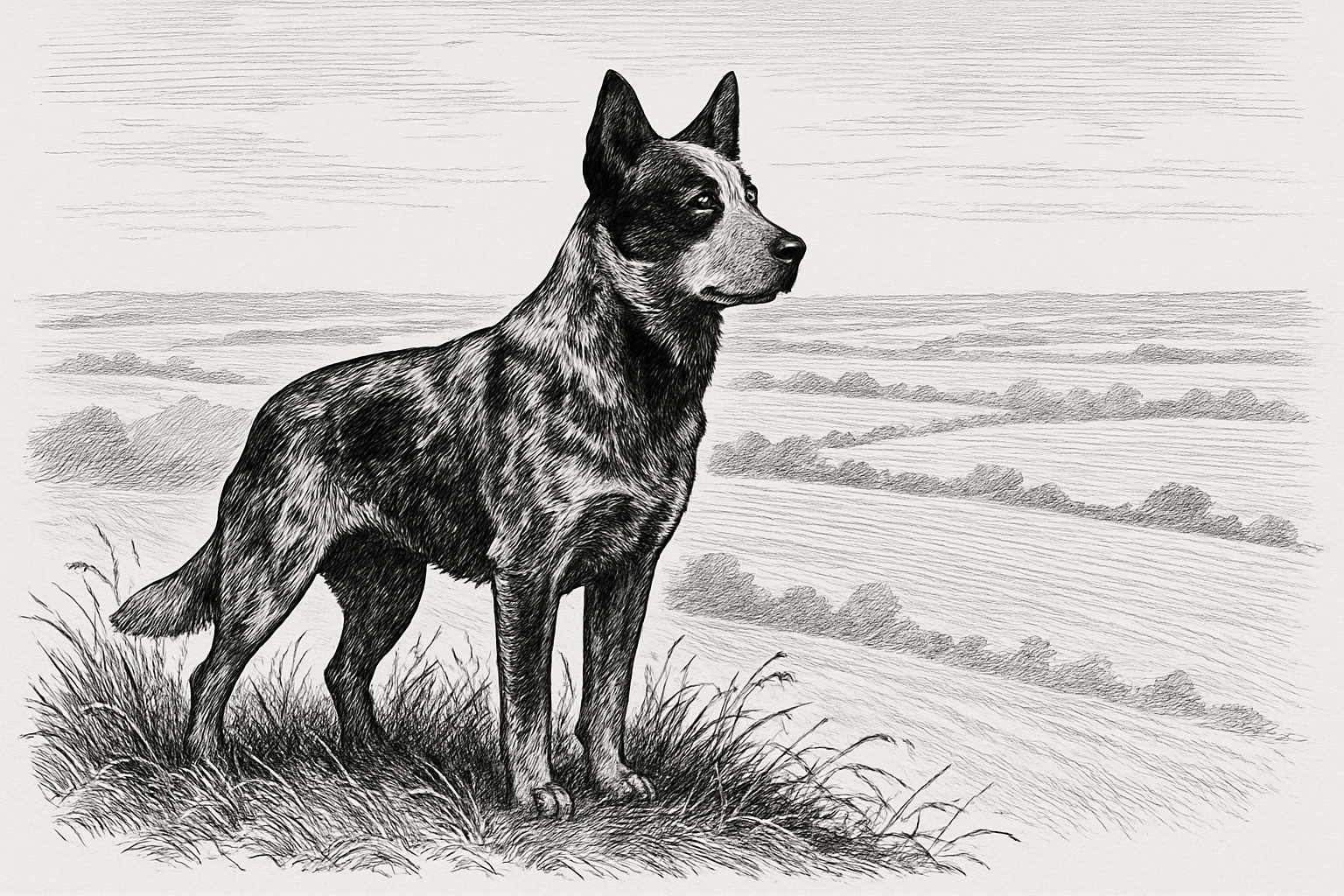 Black‑and‑white illustration of an Australian Cattle Dog on a grassy knoll